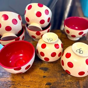 8 pedestal cream and red polka dot bowls